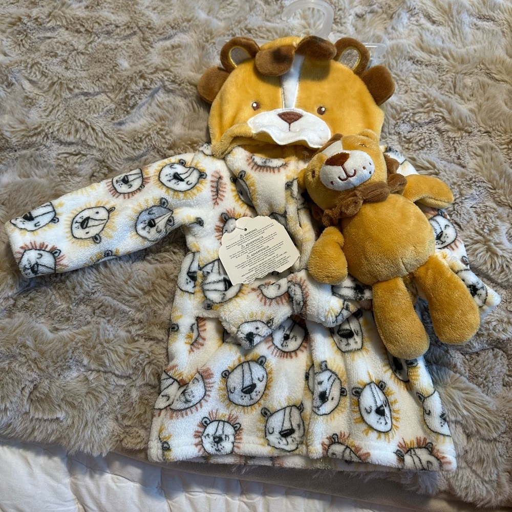 Lion Print Baby Robe with Plush Toy